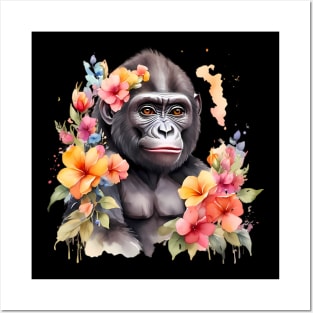 A gorilla decorated with beautiful watercolor flowers Posters and Art